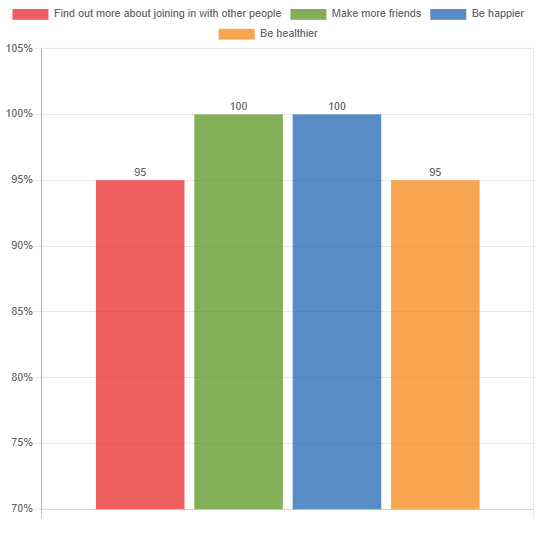 Bar Chart Values: The support has helped me to find out more about joining in with other people:95%, Make more friends: 100%, Be happier: 100%, Be healthier: 95%