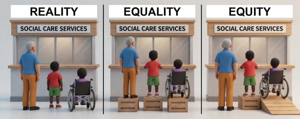 Three-panel illustration contrasting reality, equality, and equity in access to social care services. In the first panel, labelled "Reality", a tall older man, a short child, and a wheelchair user stand at a Social Care Services counter — the man can see over it, but the child and wheelchair user cannot reach it. In the second panel, labelled "Equality", all three are given identical wooden crates to stand on; the man and child can now see over the counter, but the wheelchair user still cannot use the crate. In the third panel, labelled "Equity", the supports are tailored to individual need: the child has a taller step, and the wheelchair user has a sloped ramp — giving everyone equal access to the counter.